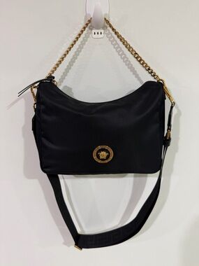 Versace Medusa Nylon Hobo Shoulder Bag Black Gold Chain Greca Strap Crossbody